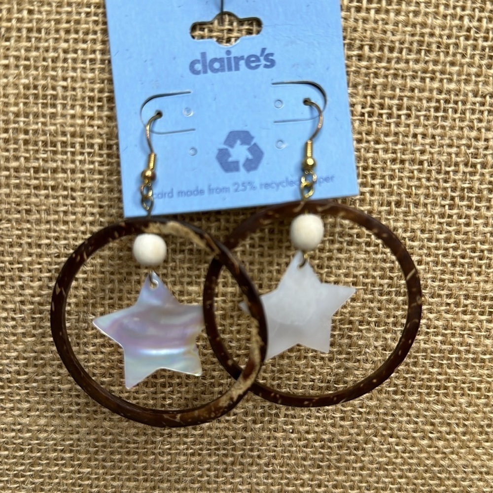 Claire’s | Wooden Hoop Earrings with Iridescent Star, NWT